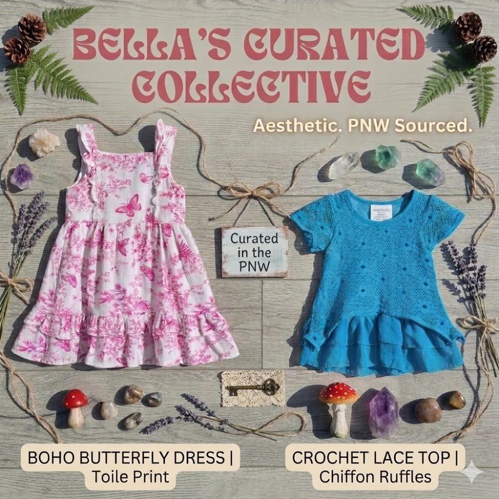 Btween Pink Floral Ruffle Dress Size 5 + Dragonchild Blue Boho Crochet Layer Top